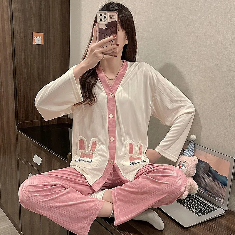 Новинка 2024, весенне-осенняя женская пижама, милый кардиган в Корейском стиле, домашний костюм, Свободный Повседневный комплект одежды для сна с V-образным вырезом