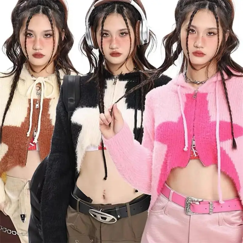 

Star Hooded Short Top Y2k Knitted Cardigan Sweater Women's Autumn and Winter New Long Sleeve Zipper Sweater Crop Top
