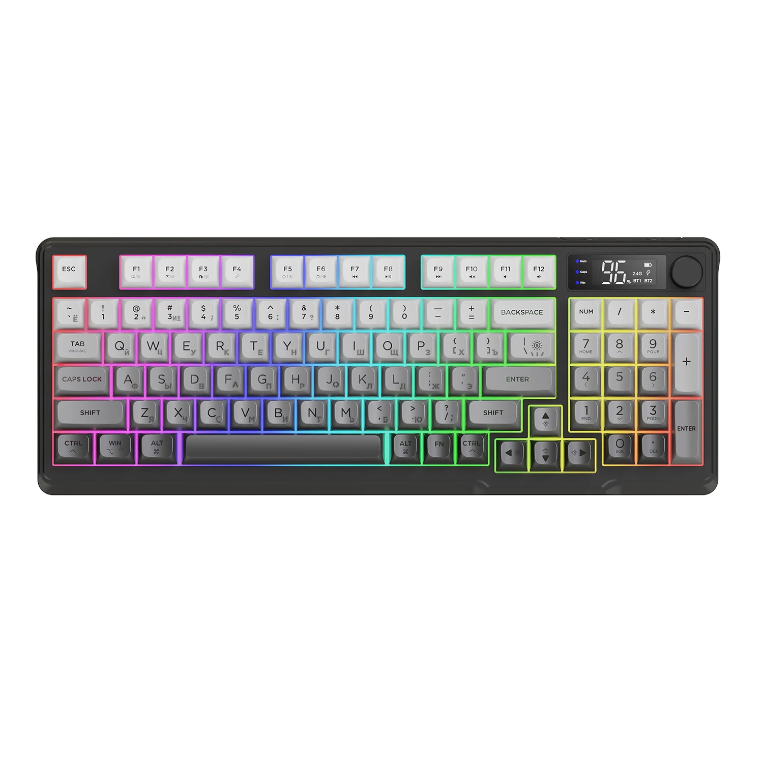 프리울프 M96 무선 게이밍 키보드 96키 스마트 스크린 RGB 백라이트 듀얼 모드 블루투스 2.4G 무소음 PBT 키캡 노브