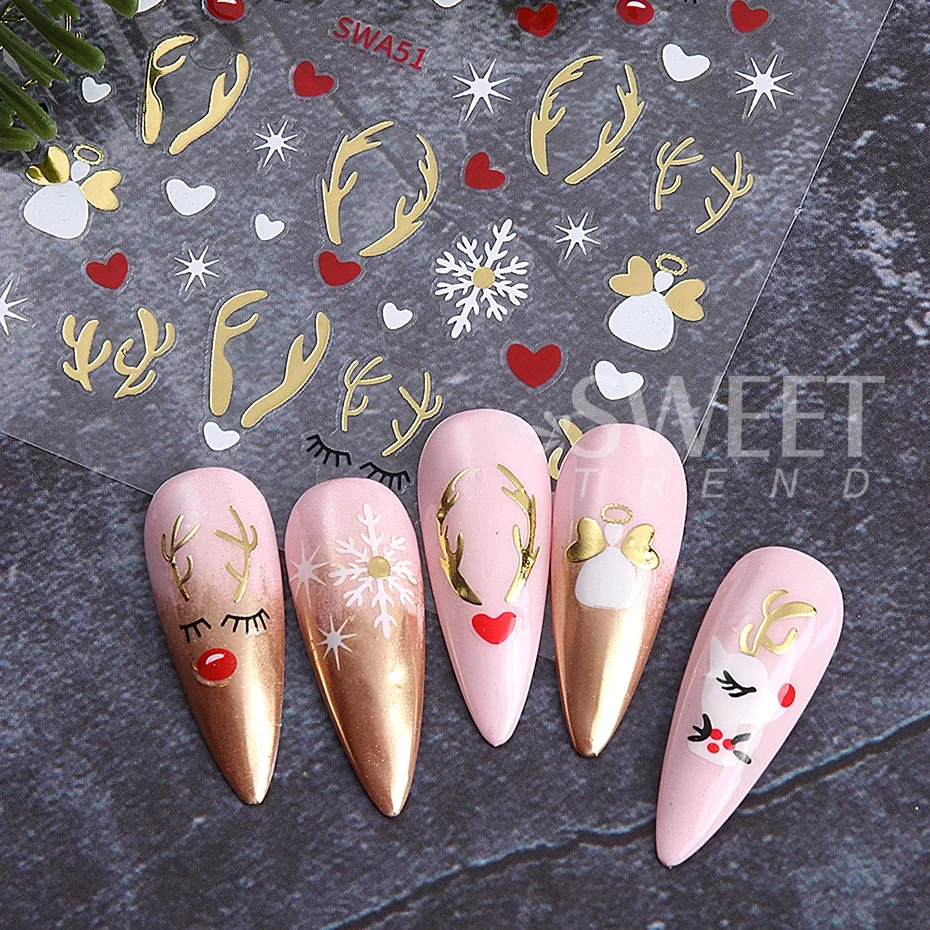 2pcs 3D Gold Silver Elk Nail Art Stickers Cartoon Christmas Snowflakes Decal DIY Star Heart Nail Art Manicure Decoration Decals