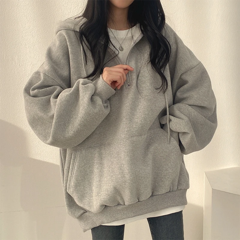 HOUZHOU 여성용 가디건 후디 스트리트웨어, 회색 하라주쿠 오버사이즈 탑 맨투맨, 여성 캐주얼 긴팔 포켓 후드 코트
