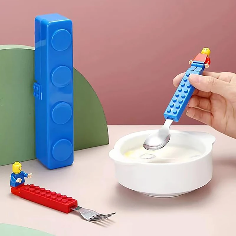 DIY 다채로운 빌딩 블록 접합 포크 스푼, 휴대용 식기, 학생 어린이 샐러드 식기 세트, 주방 도구에 적합