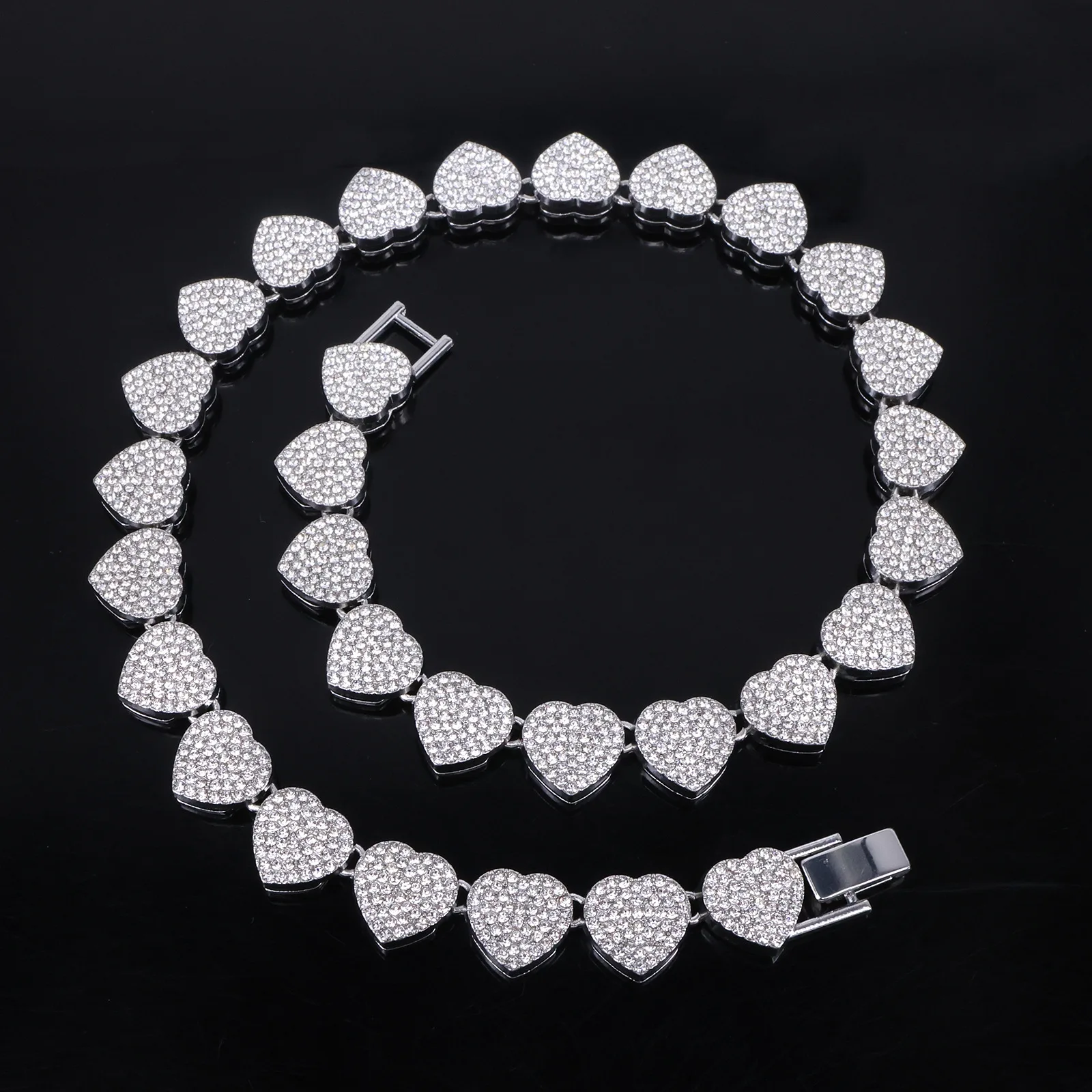 Yupsk 20/45CM New Thick Full Rhinestones Hip-hop Bracelet Trendy Heart-shaped Cuban Necklace Jewelry Set for Rock Trendsetters 4