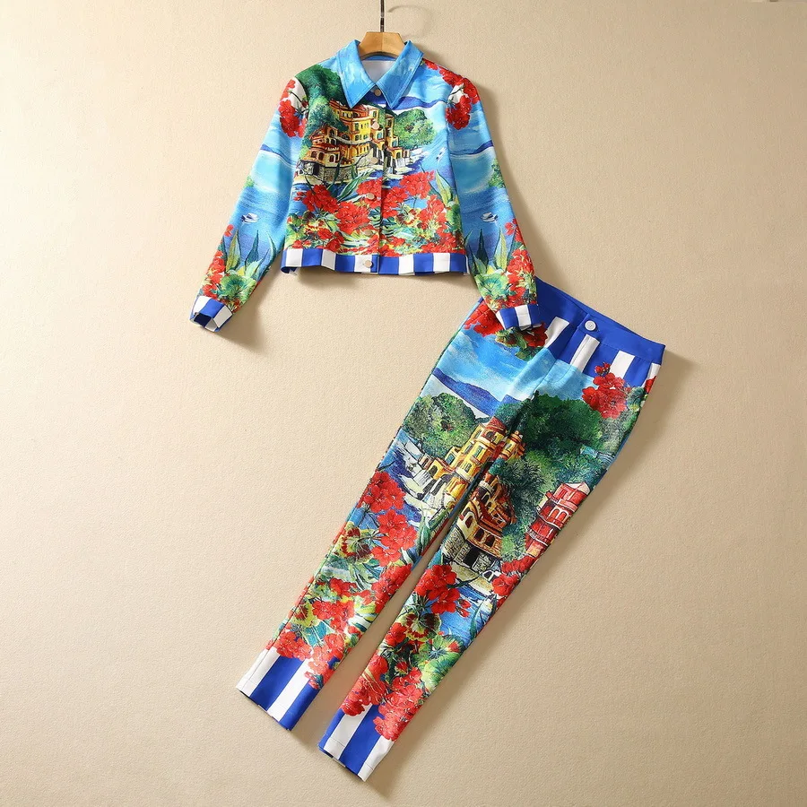 

European and American women's clothing 2023 autumn new Long-sleeved blue landscape print jacket Ninth pants Fashion suit