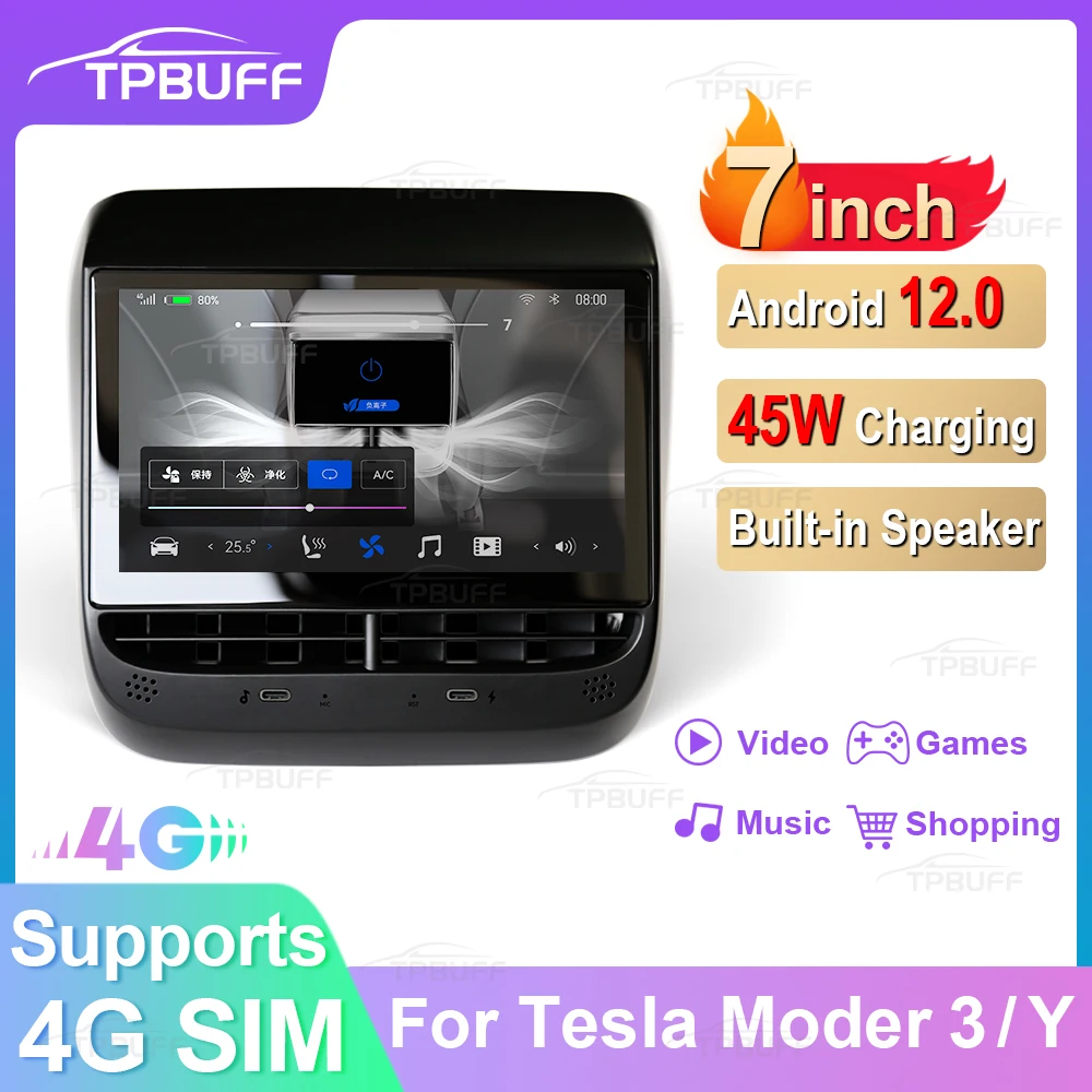 

7-дюймовый задний Дисплей TPBUFF для системы кондиционирования воздуха Tesla Model 3 Y, HD сенсорный экран, мультимедийный проигрыватель, беспроводной