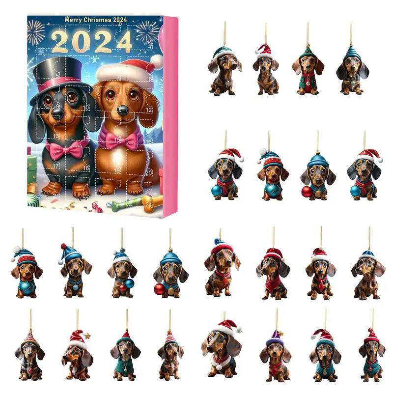 Advent Calendar Dachshunds Christmas Holidays Advent Calendar Collectible Funny Dog Gifts Set 2D Flat Acrylic Pendants