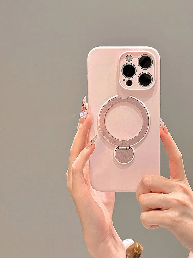 Premium solid color magnetic rotating folding stand suitable for 16 Promax phone case iPhone liquid silicone 15_voghion.com