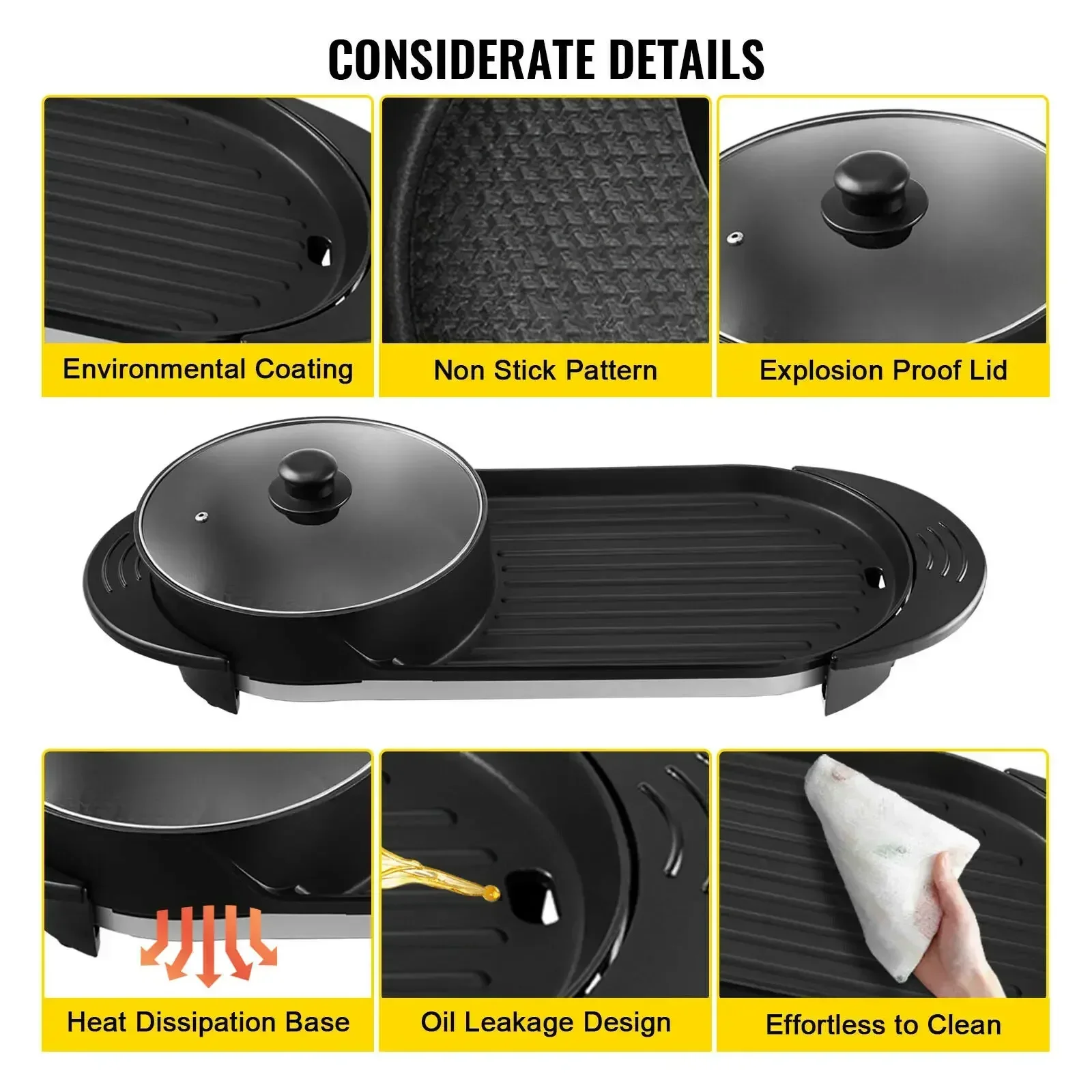 VEVOR Electric BBQ Pan 2 in 1 Grill Hot Pot Portable Smokeless Durable Material Fast Even Heated for Shellfish Vegetables Home 4