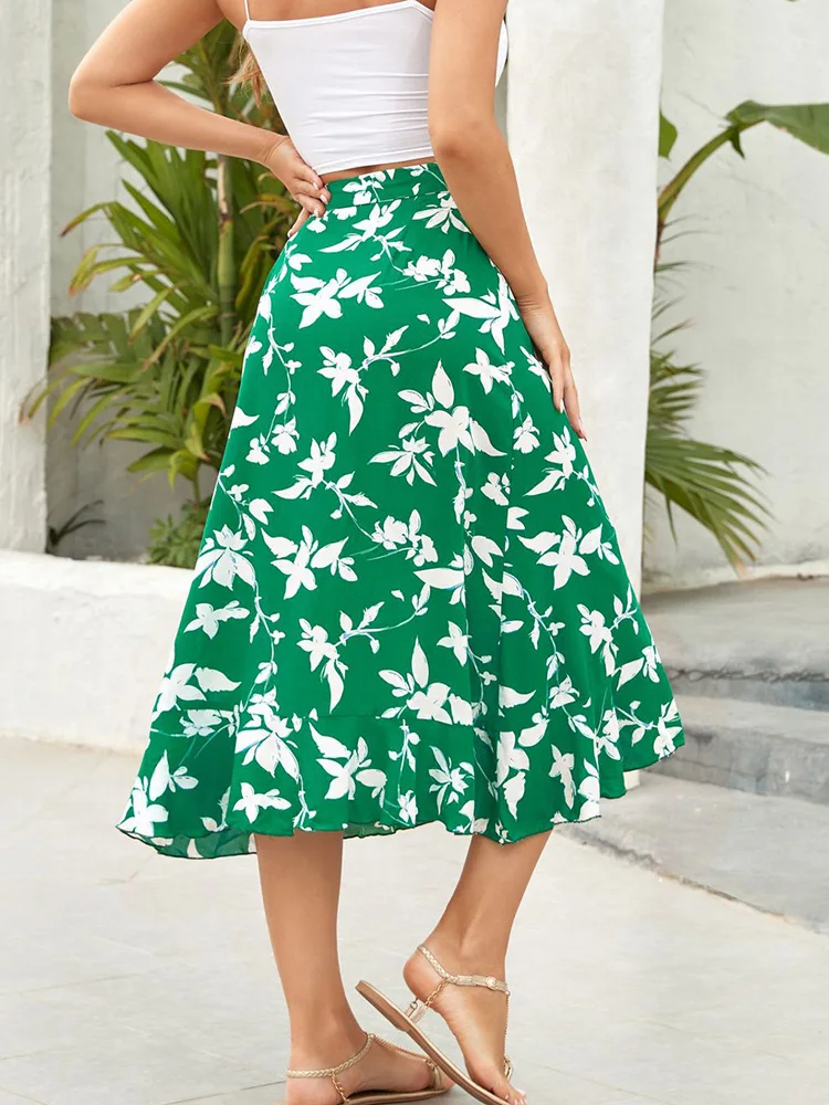Green Floral Printed Sexy Skirt Women Summer New Irregular  High Waist Elegant Party Fashion Beach Casual