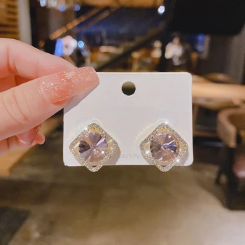 925 Silver Needle Korean Fashion Crystal Square Earrings For Women Jewelry 2025 Trending Fresh Blue Purple Pink Zircon Earrings