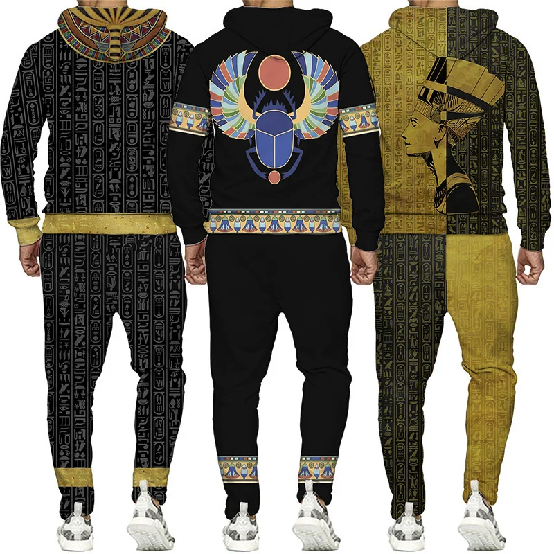 S-6XL Mărime mare 3D Jachetă pentru bărbați cu imprimeu egiptean Hanorac cu pantaloni Set Trening pentru bărbați Iarnă și toamnă Sport Umăr bărbătesc_voghion.com