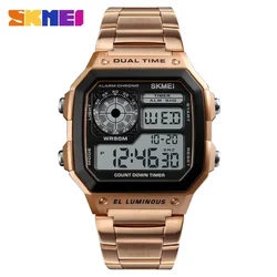 Retro Sports Waterproof Digital Men's Wristwatch with Stainless Steel Band (Rose Gold)