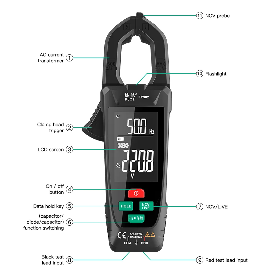MASTFUYI digital clamp meter  3 in 1 multifunction  multimeter&electrical tester &temperature meter True RMS NVC induction Ammet 3