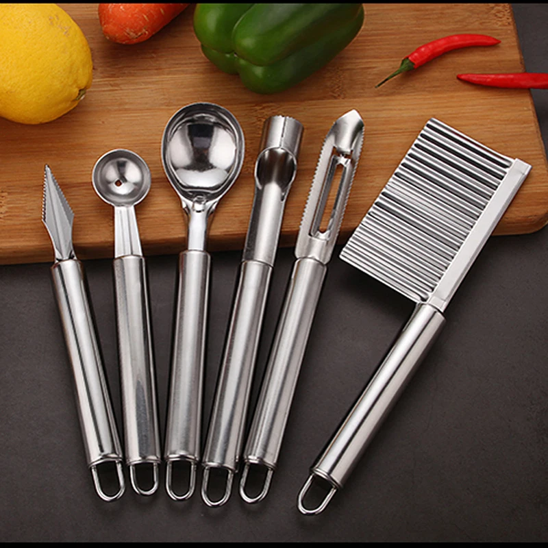 Stainless Steel Kitchen Tool Set Vegetable Fruit Wavy Slicer Knife Corer Digging Ball Spoon Potato Cutter Peeler Accessories Stainless Steel Kitchen Tool Set Vegetable Fruit Wavy Slicer Knife Corer Digging Ball Spoon Potato Cutter Peeler Accessories