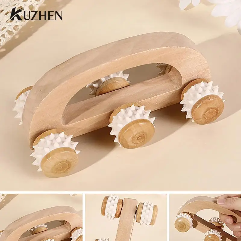 

6 Wheels Wooden Car Roller Relaxing Tool Arched Handle Massager Hand Massage Face Neck Head Foot Acupoint Muscle Therapy