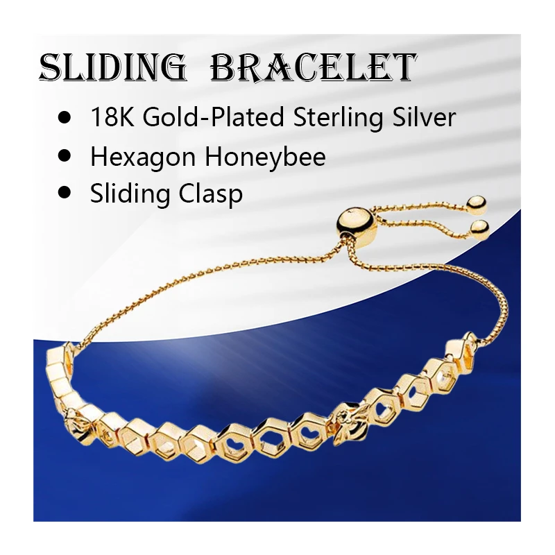 

Wrist Strand Bracelets For Women Fine Jewelry 18K Shine Gold 925 Sterling Silver Hexagon Honebee Link Chain Sliding Clasp Zircon