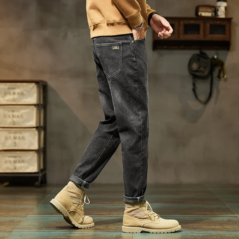 Fleece Thicked  Black Gray Jeans Men\'s Loose Straight Casual Slim-Fitting Middle-Aged Men Pants Winter Warm Trousers Male Cotton