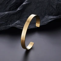 Stainless steel olive leaf pattern C-shaped opening adjustable bracelet, engraved wheat ear pattern men's gold-plated jewelry 1