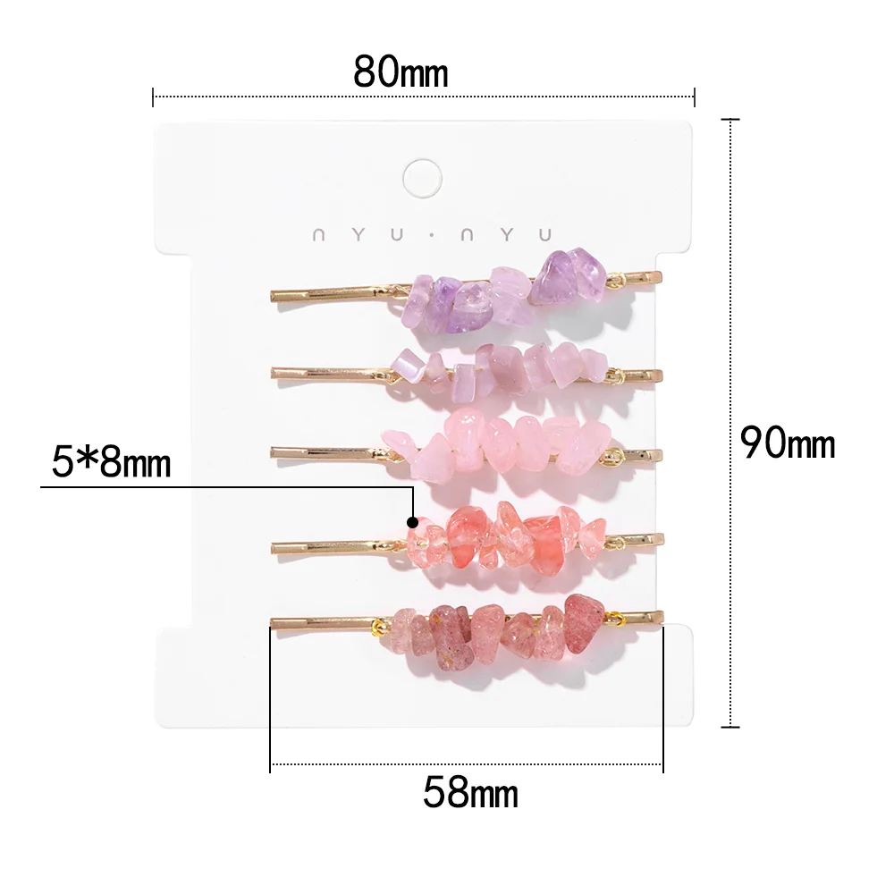 5Pcs/Set Natural Stone Hair Clips For Women Gravel Rose Quartzs Aquamarines Hairpins Crystal Barrettes Headwear Hair Accessories