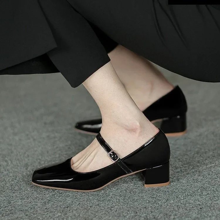Spring Autumn Women Buckle Mary Janes Shoes Patent Leather Dress Shoes High Heels Pumps Retro Ladies Shoe Black Red 6