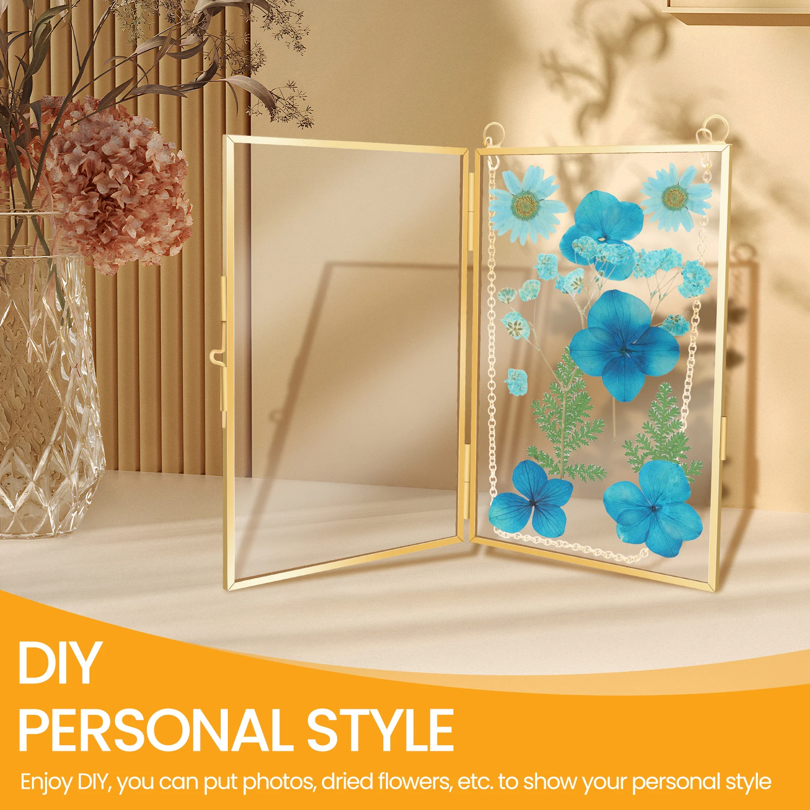 4Pcs Double Glass Frame with Chain Hanging Picture Frame Flower Pressed Dried Flowers Glass Frame Wall Decor