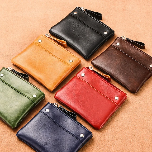 Unisex PU Leather Zipper Pockets Coin Purse Solid Pouch Wallet Small  Storage Bag