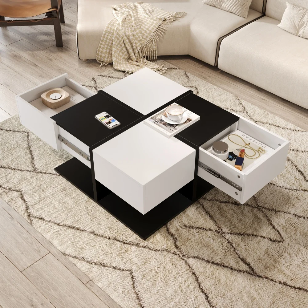 Moderner Couchtisch Schwarz Weiß 70×70×35,5 mit 2 Schubladen, quadratischer Wohnzimmertisch mit Stauraum, Hochglanz-Couchtisch – Detail 7