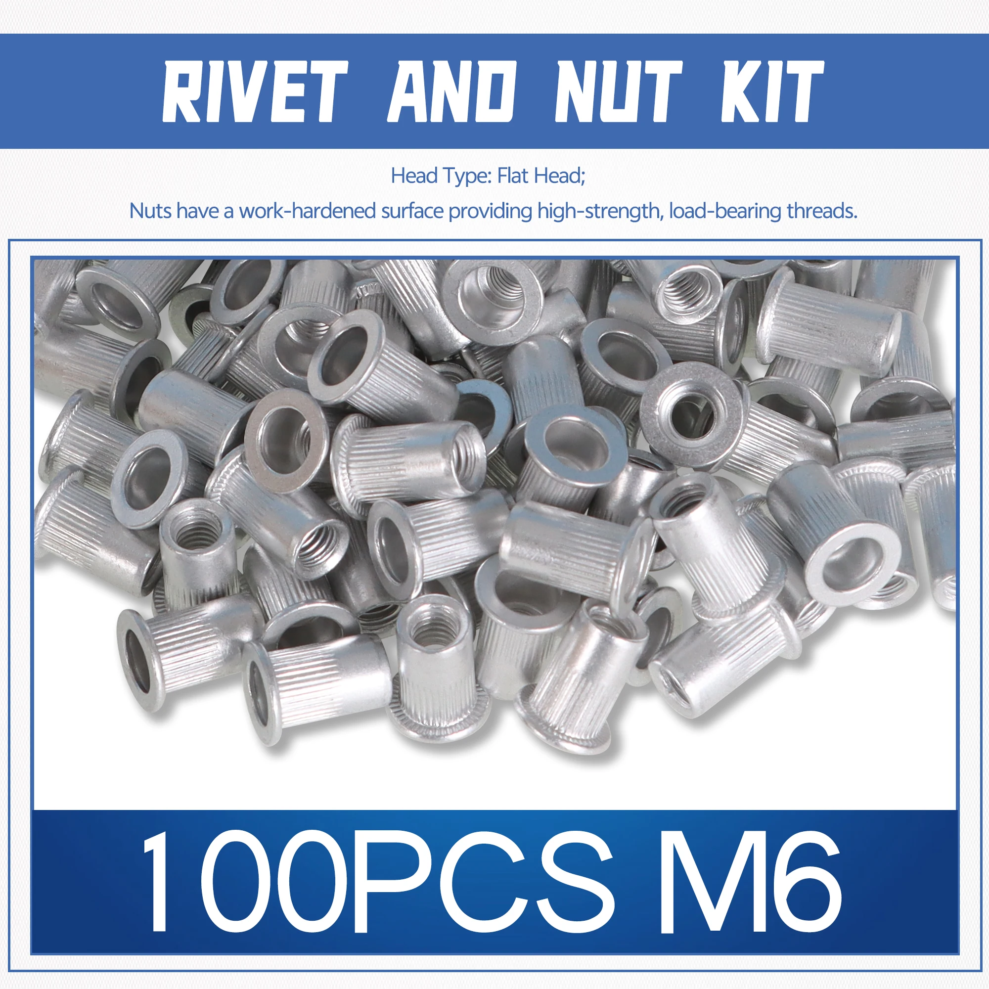 100Pcs M6 Rivet Nuts Kit Metric Aluminum Flat Head Threaded Rivet Nut Insert Nutsert Rivet Nuts Assortment Kit - 2