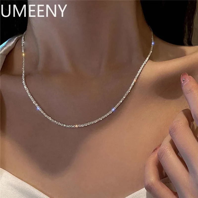 New S925 Sterling Silver Necklace 2mm Sparkling Collarbone, Sweater Chain, High Charm Jewelry Gift Women