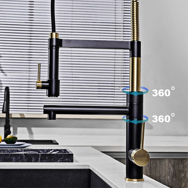 ก๊อกน้ำทองเหลืองแบบติดตั้งบนเคาน์เตอร์ทรงสูง ดีไซน์คลาสสิกสไตล์วินเทจ พร้อมหัวฉีดแบบดึงลง สำหรับอ่างล้างจานแบบ 1 รู 4