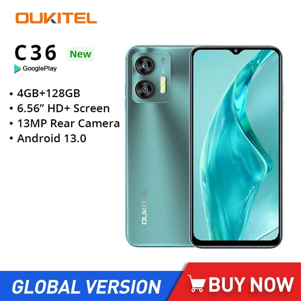 OUKITEL C36 Cheap 4G Smartphones Octa Core 4GB+128GB 6.56Inch HD Screen Android 13 Mobile Phone 13MP Main Camera 5150mAh Battery