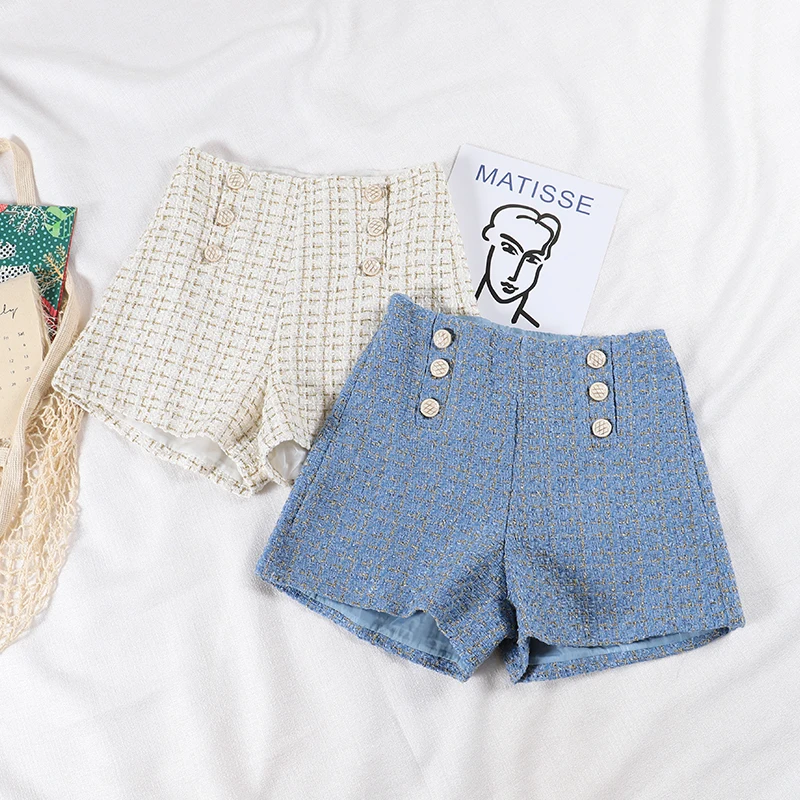 

Шорты женские демисезонные двубортные с завышенной талией и широкими штанинами, Короткие узкие брюки в клетку из яркого шелка, а-силуэт