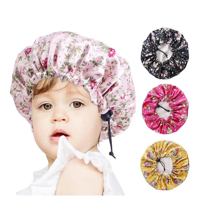 Double Layer Satin Silk Sleep Bonnet for Kids Hair Protect Hair Scarf Floral Sleep Night Cap Beanie for Children Girls Boys Hat satin sleeping bonnet 2pcs large satin sleep bonnet with long strap adjustable sleep cap hair bonnet for women daily travel use