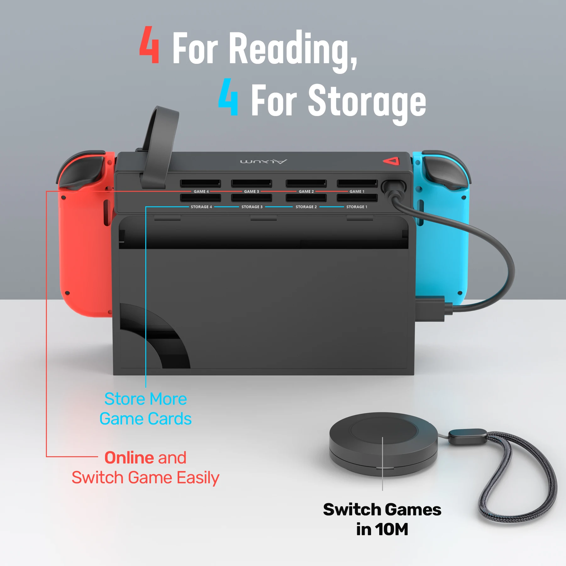 Wireless Game Card Reader with 4 Storage Slots and Remote – Plug & Play Black Gaming Accessory