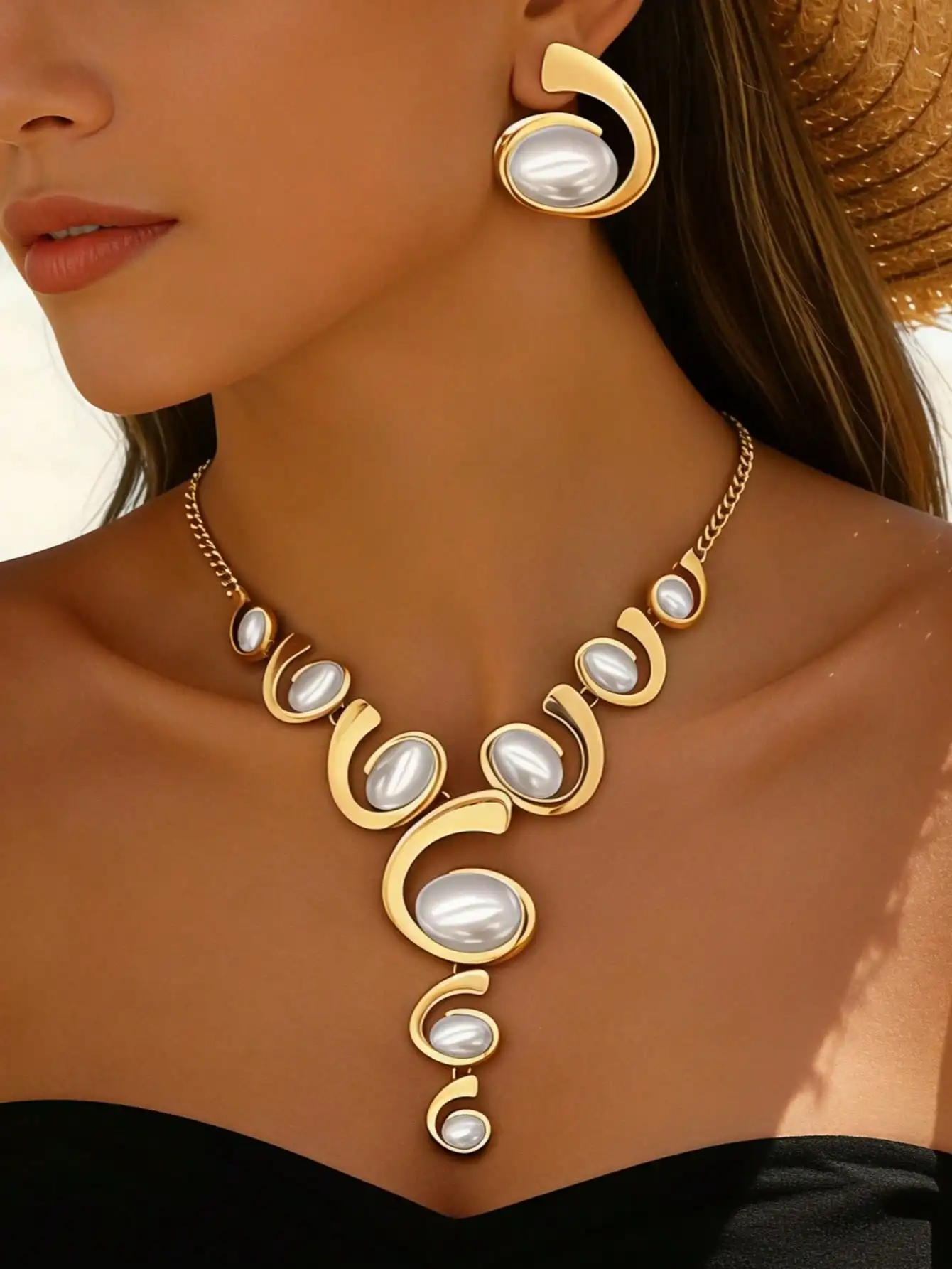 Luxury Pearl Necklace And Earring Set 2-Piece Set Exquisite Geometric Design Evening Party Accessory with Lightweight Metal Curv - 2