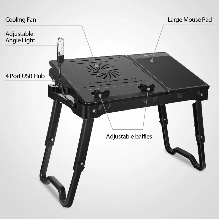 Foldable Laptop Table Bed Notebook Desk with Cooling Fan Mouse Board LED light 4 xUSB Ports Breakfast Snacking Tray 2