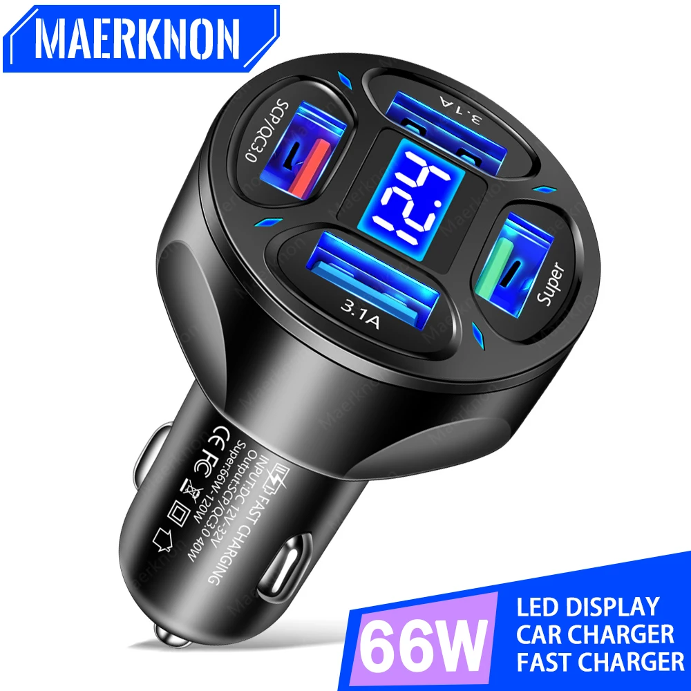 Caricabatteria Da Auto Usb Da 66W Caricabatterie Rapido 3.0 Adattatore Per Telefono Da Auto Usb A 4 Porte Con Display A Led Per Iphone 13 Caricabatter
