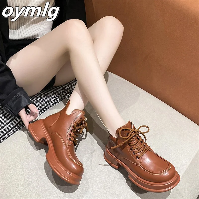 

Muffin thick-soled boots women's 2022 autumn new square-toe lace-up thick-heeled ankle boots heightening fashion boots