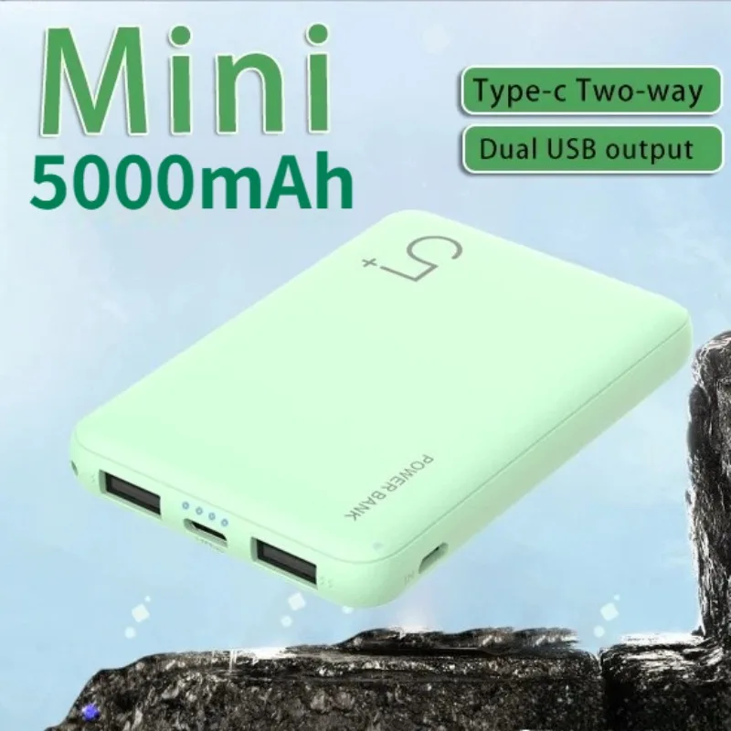 Portable 5000mAh Polymer Power Bank Dual USB Output Rechargeable Backup Battery for IPhone 14 15 16 Xiaomi Huawei Samsung