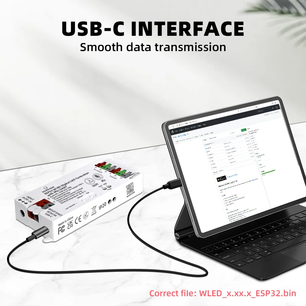 DOMRAEM WLED Digital Music LED Controller with Mic & Relay -ESP32 2CH 16A for WS281X/SK6812 (800ICS). Type-C & UART. Alexa/HA.