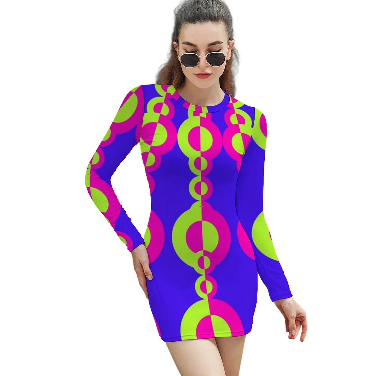 

Retro 1960's Disco Pattern Neon pink green purple Long-Sleeved Sheath Dress party dresses woman
