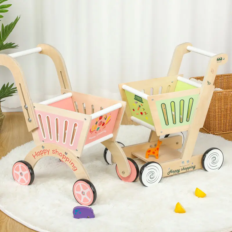 Colorful Shopping Cart Wooden Household Toys Baby Stroller Three Colors Trolley Toddler Cart 4