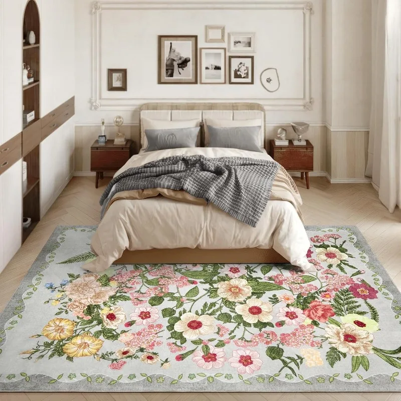 Green Floral Living Room Carpet Nordic Retro Large Area Bedroom Rug Machine Washable Non-slip Coffee Table Sofa Floor Mats Tapis
