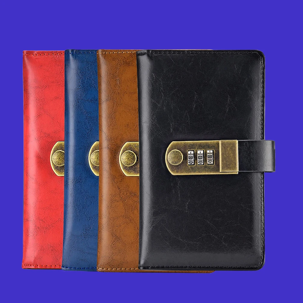 

A6 Notebook With Password Lock Leather Office Journal Diary notepad Stationery Student Class Lined NoteBooks 200pages 4Colors