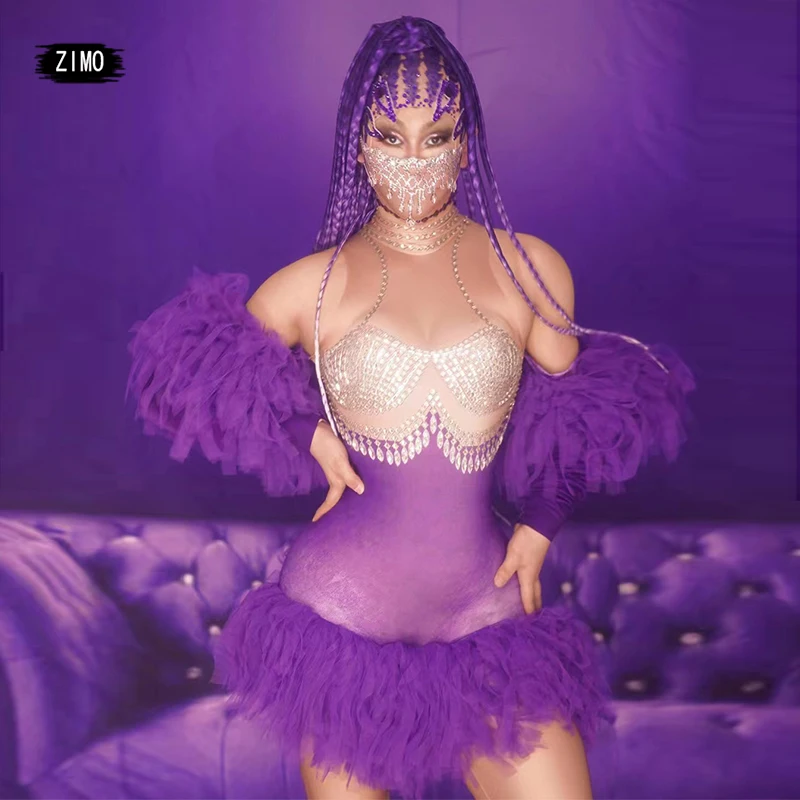 

purple dress crystal sparkle rhinestones mesh tassels sexy DS dance performance birthday outfits for women party club drag queen