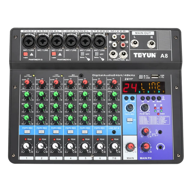 LOMEHO-Mesa mezcladora de sonido EQ de 7 bandas, consola de DJ de mezcla de  6 canales Mono con salida USB 2 AUX, AM-GT6 de efectos individuales de 48V  99