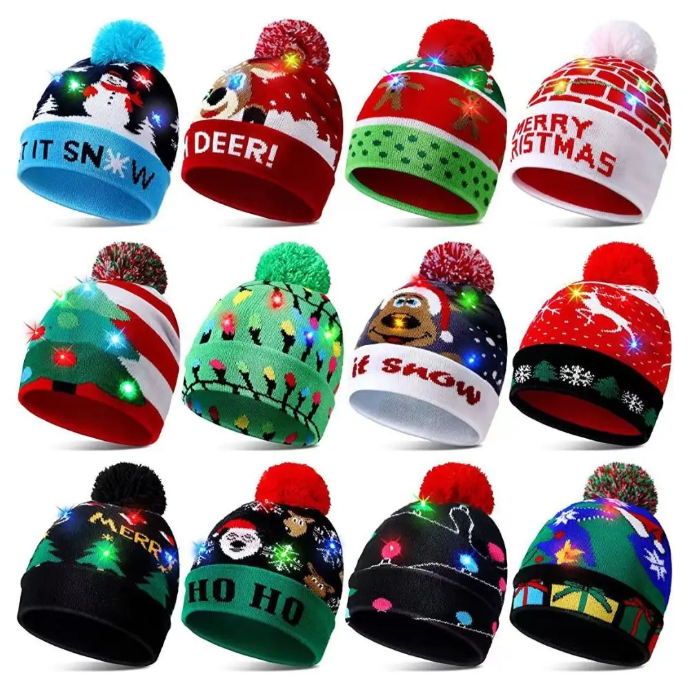 Christmas Beanie Hat LED Christmas Knitted Hat Light Up Xmas Beanie Cap Unisex Winter Beanie Sweater Hat with Colorful LEDs For Christmas New Year