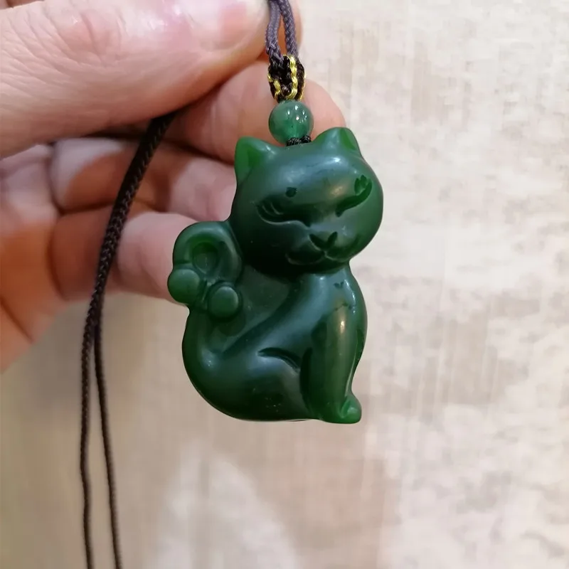 Green Handmade Carved Kitten Jade Pendant, Fashionable Boutique Jewelry, Men's and Women's Cat Necklaces, Gift Accessories