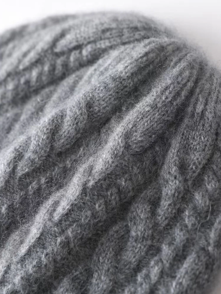 35% Cashmere Blend Thick Vintage Cable Beanies Women Solid Ribbed Hem Soft Knitted Cap Hat Wool Autumn Winter Warm Skull Caps 5