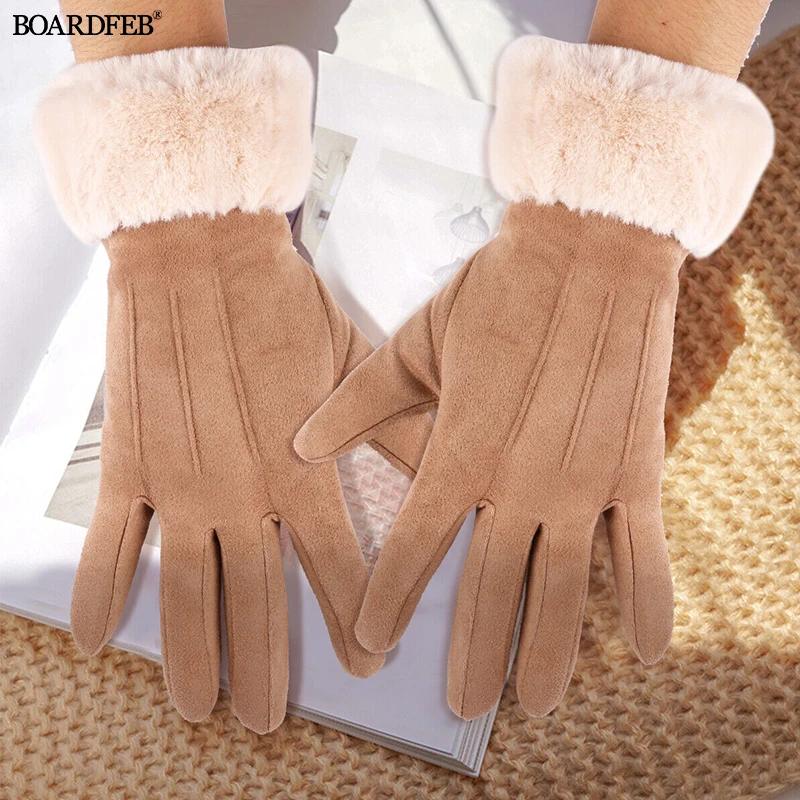 

Women Winter Gloves Touch Screen Fleece Suede Warm Soft Fur Lined Thermal Outdoor Cycling Cold Proof Ladies Full Finger Gloves